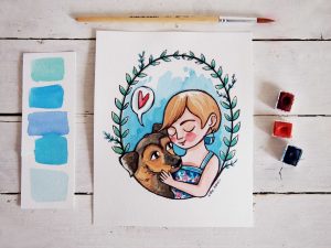 Ritratti illustrati cagnolino con padrona