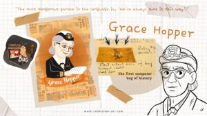 Illustration of Grace Hopper, computer scientist and pioneer of computer programming, featuring a quote by the scientist.